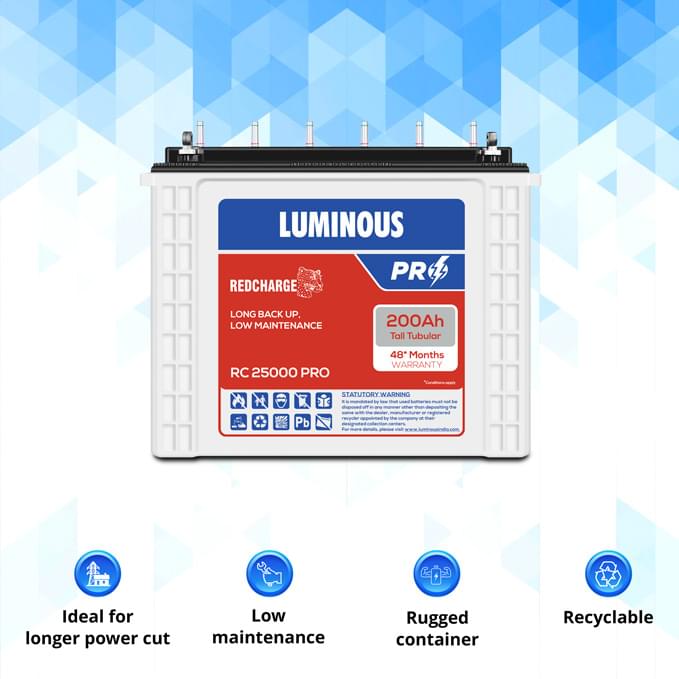 LUMINOUS 200Ah Red Charge Tall Tubular PRO Inverter Battery for Home, Office & Shops -RC 25000PRO (200Ah) - Image 2